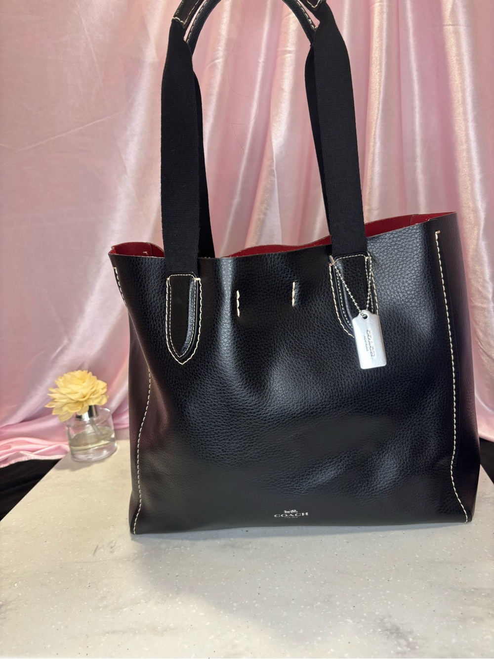 Coach Black Leather Tote with Red Interior and White Stitching